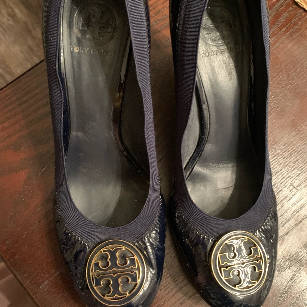 Tory Burch patent navy 3 inch heels